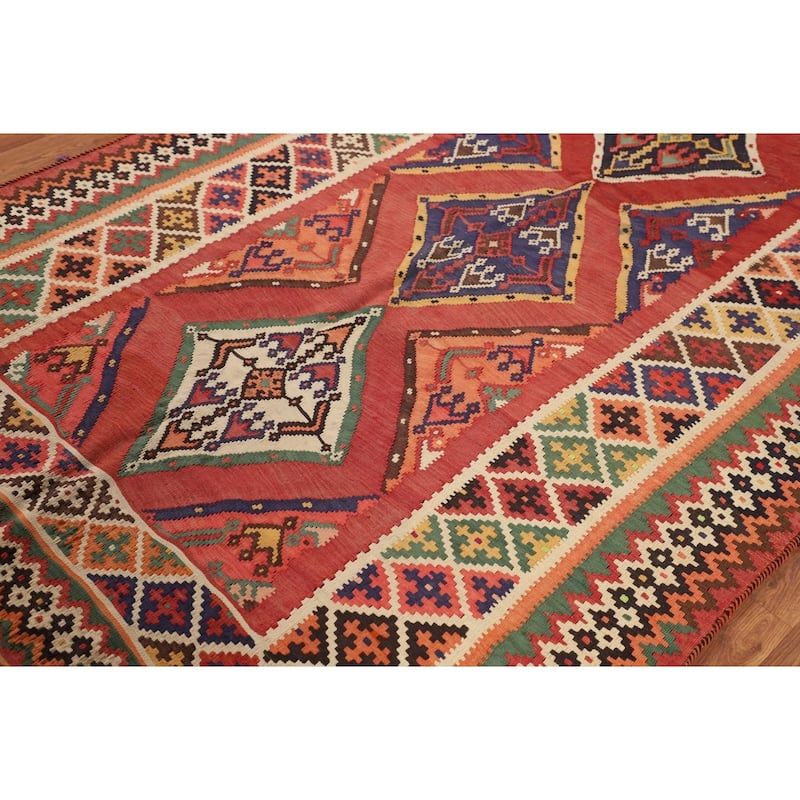 Orange Kilim Qashqai Persian Vintage Rug Flatweave Wool Carpet - 5'5"x 8'5"