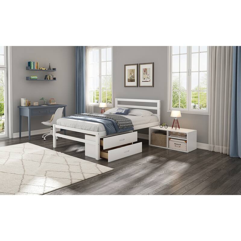 Full Size Wood Platform Bed with Removable Storage Shelves and Built-in Two Storage Drawers