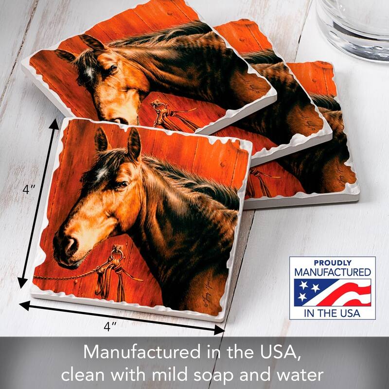 Horse Portrait 4 Pack Stone Coasters with Protective Cork Backing 4" Square Made in The USA Absorbent Easily Wipes Clean