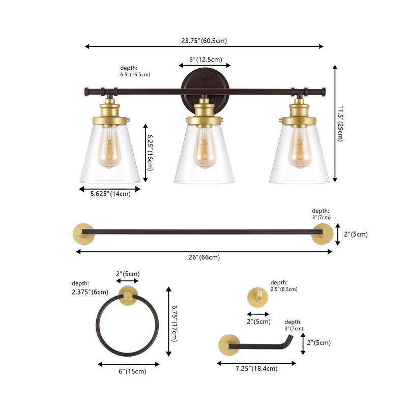 Arlo 23.75" 3-Light Traditional Farmhouse Vanity Light with Bathroom Hardware Accessory Set, (5-Piece) by JONATHAN Y