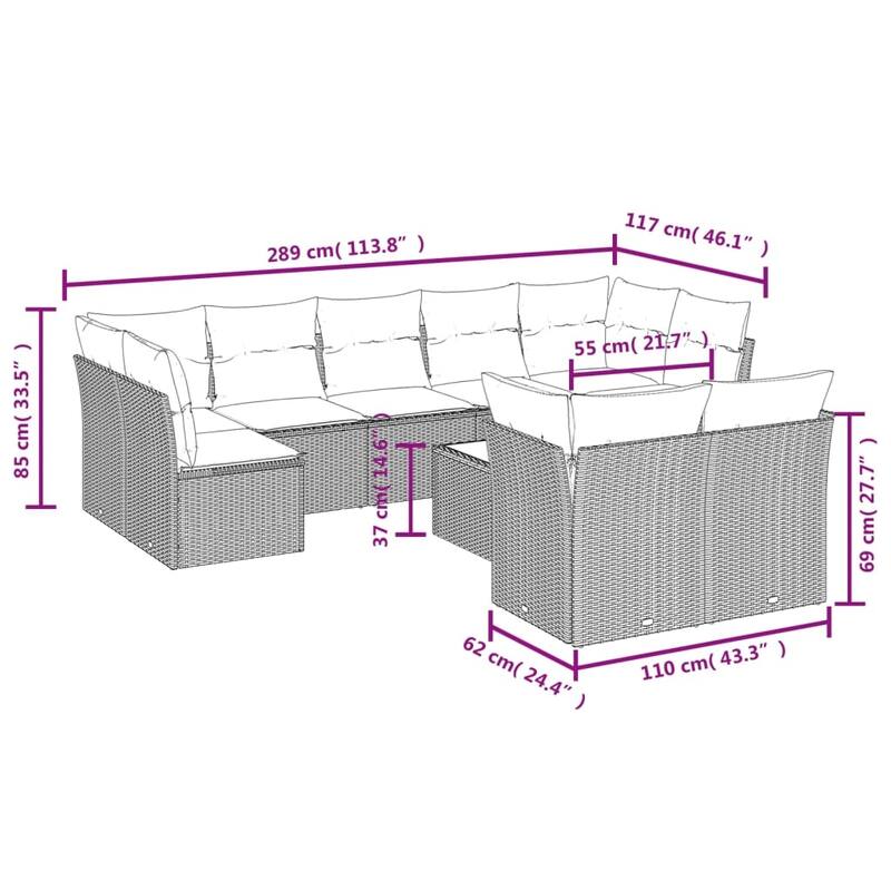 vidaXL 9/10 Piece Patio Sofa Set with Cushions Black/Brown/Gray Poly Rattan - 21.7 x 24.4 x 27.2
