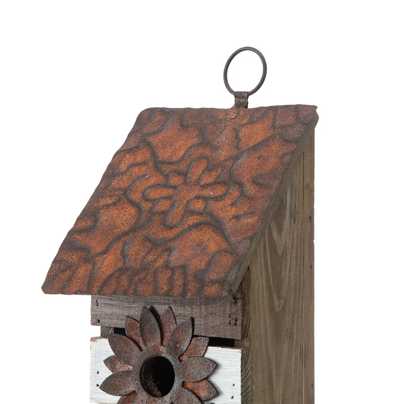 Glitzhome 14.5"H Two-Tiered Distressed Solid Wood Cottage Birdhouse with Flowers - 14.5"
