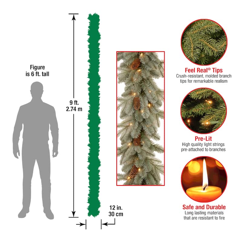 National Tree Company 9' x 12" "Feel Real" Frosted Arctic Spruce Garland 50 Clear Lights - 9 ft