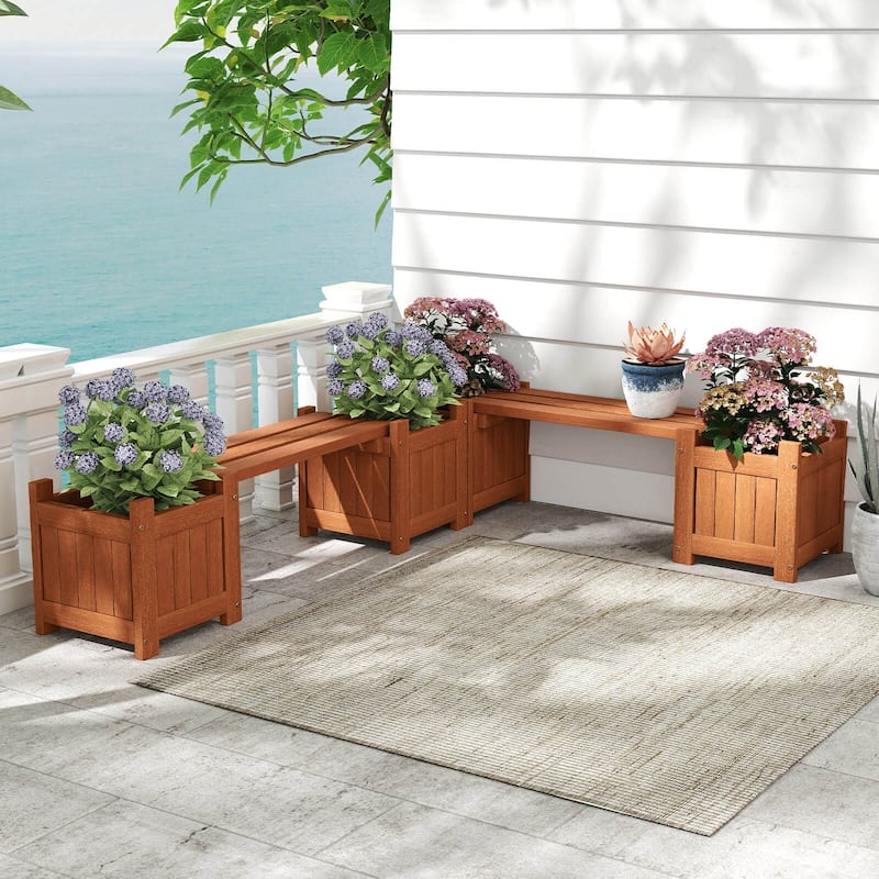Costway Wood Planter Box with Bench Open-Ended Base & Teak Oil Finish - See Details