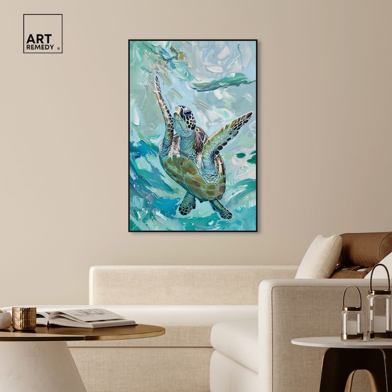 Art Remedy Serene Turtle Framed Colorful Coastal 1 Piece Canvas Wall Art