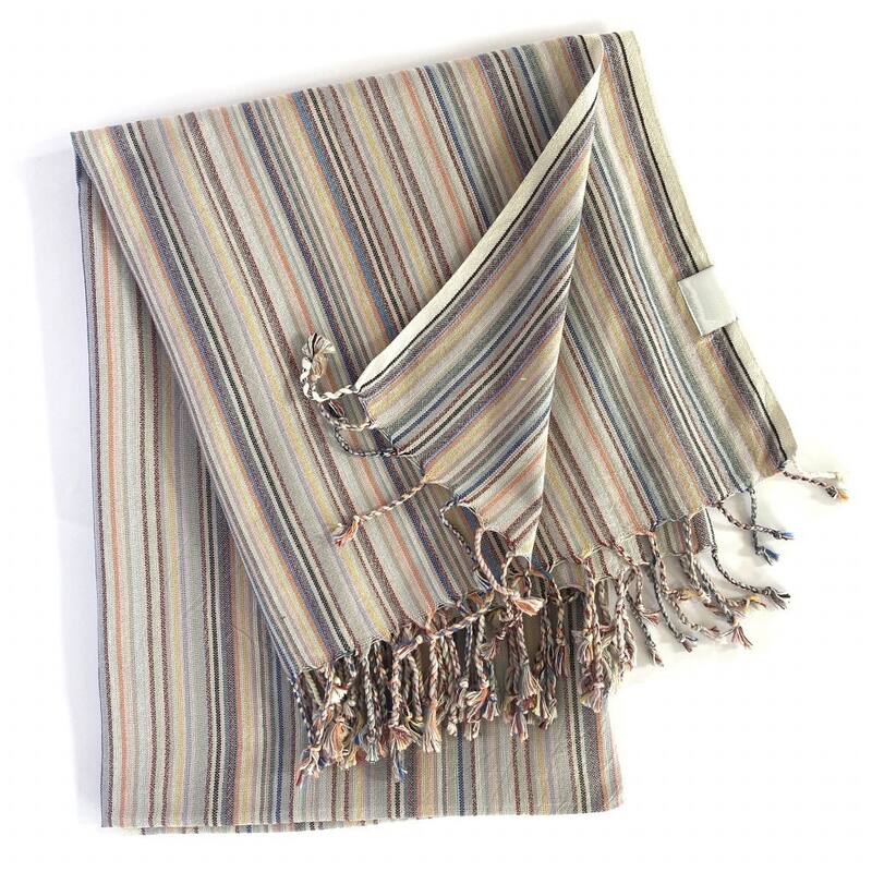HomeRoots Denim and Yellow Striped Design Turkish Beach Blanket - Off-White