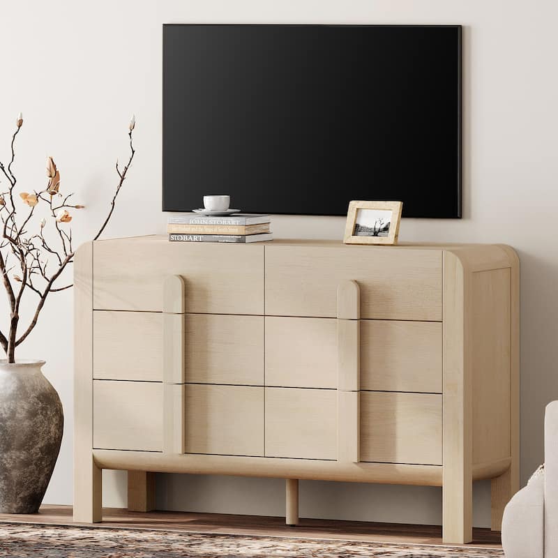 WAMPAT Modern 6 Drawer Dresser TV Stand For 55 Inch TV, Curved Entertainment Center, Wood TV Console With Storage