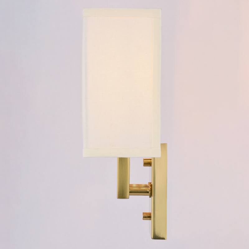 VAXCEL Glenview Satin Brass Gold Contemporary Wall Sconce, White Linen Fabric Shade, Bathroom Vanity Lighting Fixture