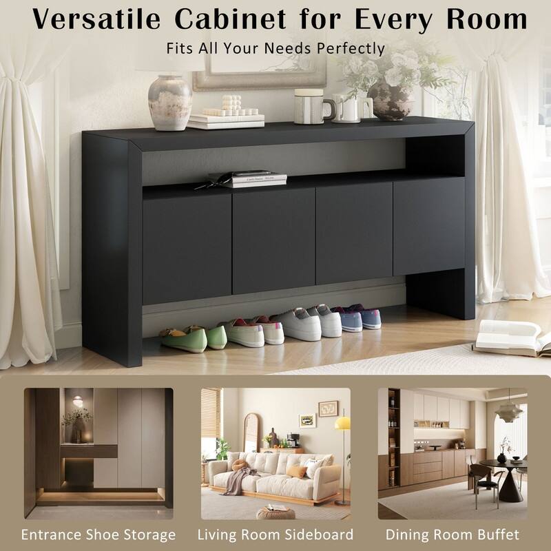 60" Modern 4-Door Sideboard with Open Shelf, Solid Wood Veneer Storage Cabinet for Living Room, Entryway (Black/Natural)