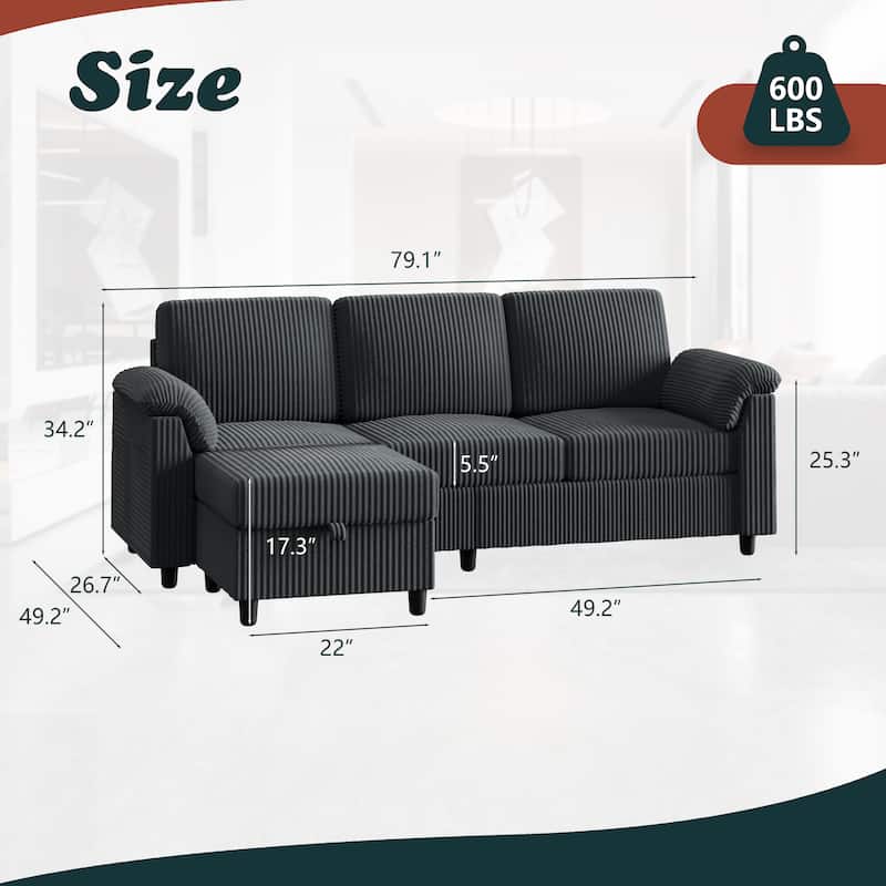 Futzca 79'' Corduroy Sectional Sofa Couch with Removable Pillow