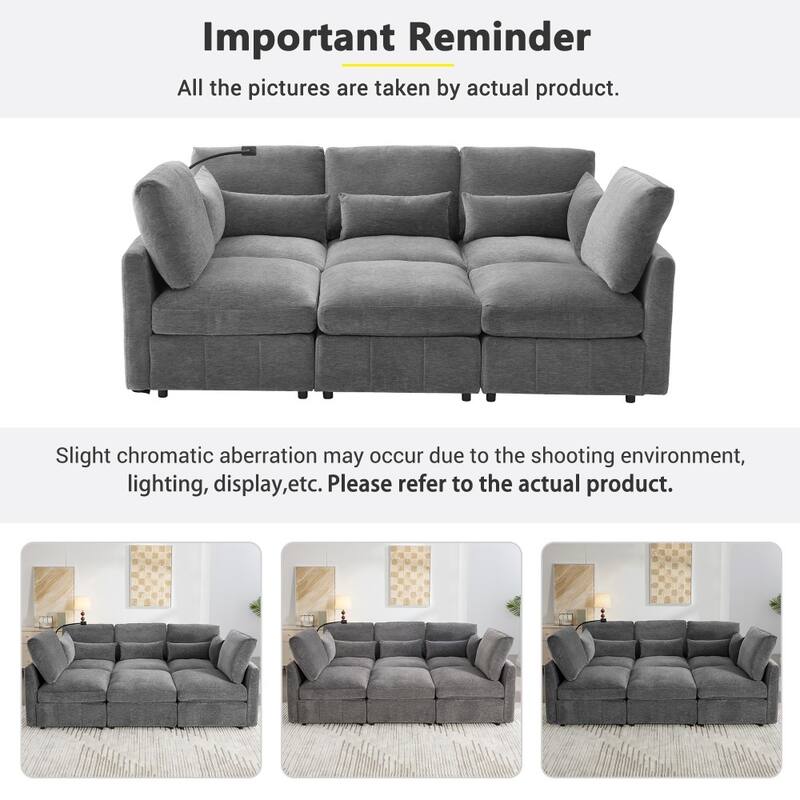 85.4" Modern U-shaped Modular Sectional Sofa with Movable Ottoman and Two USB Ports, Phone Holder