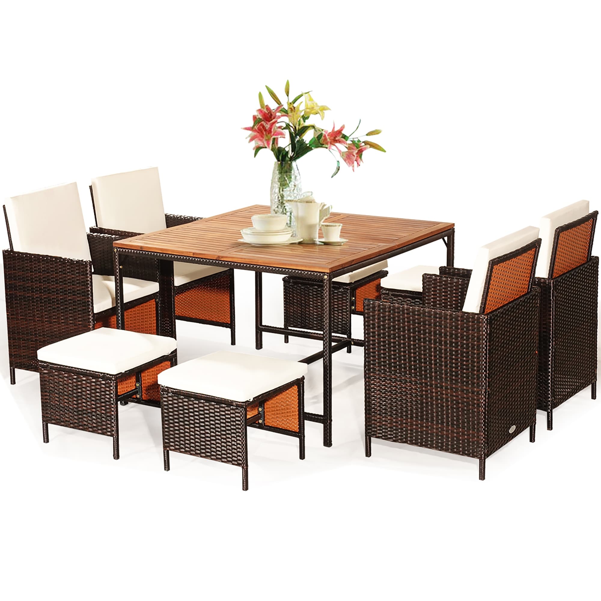Shop Black Friday Deals On Costway 9pcs Patio Rattan Dining Set Cushioned Chairs Ottoman Wood Overstock 31944010