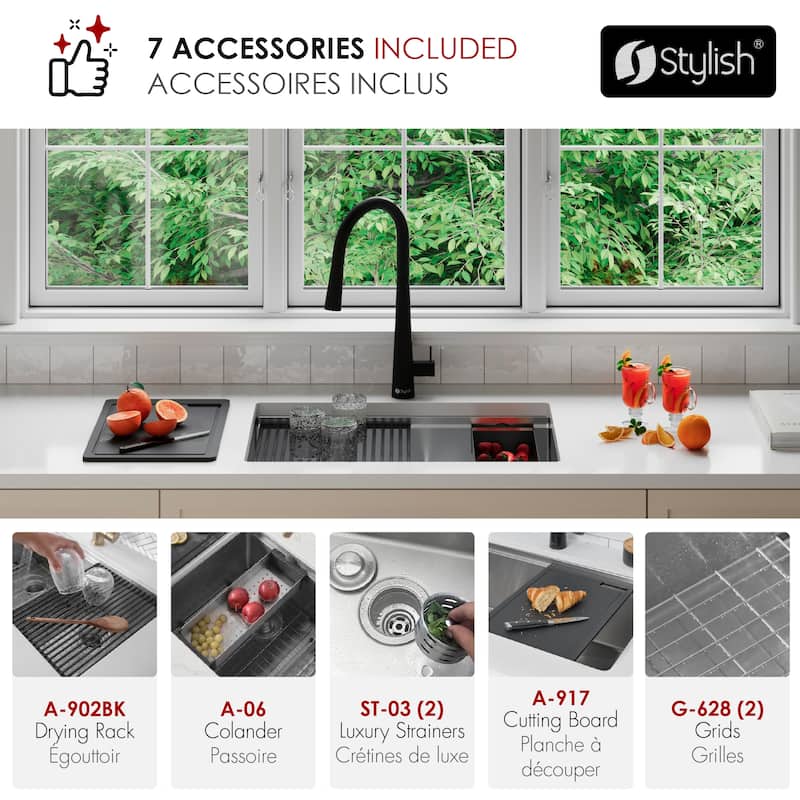STYLISH 28 inches Workstation 60/40 Double Bowl Undermount 16 Gauge Stainless Steel Kitchen Sink with Accessories included