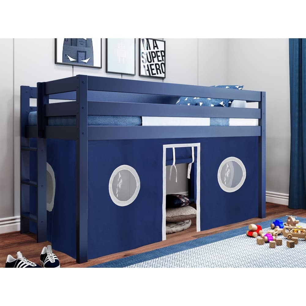 JACKPOT Contemporary Low Loft Twin Bed with End Ladder and Tent