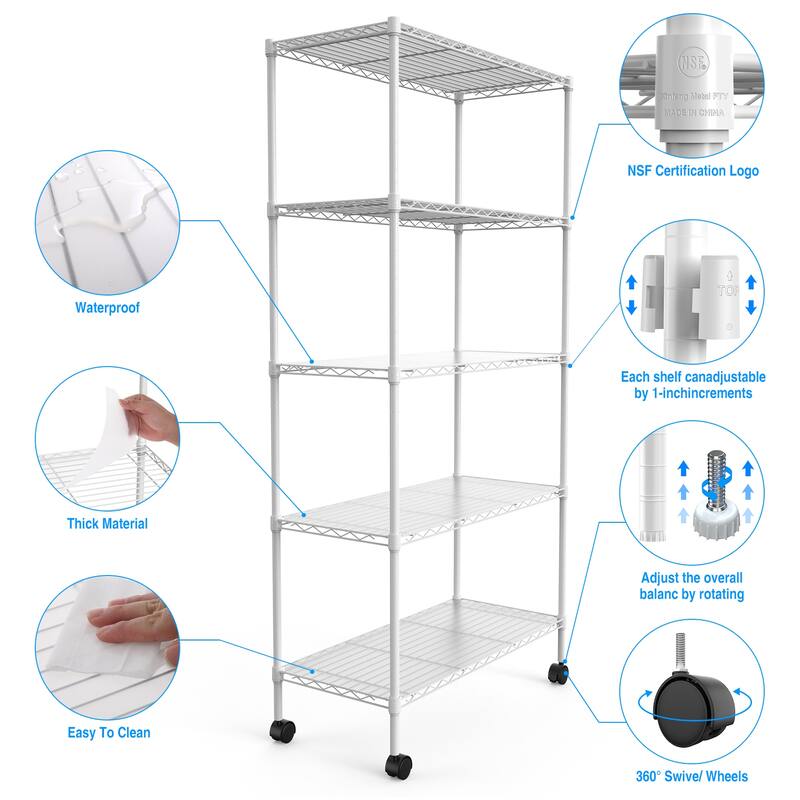 5 Tier Shelf Wire Shelving Unit, NSF Heavy Duty Wire Shelf Metal Large Storage Shelves Height Adjustable Utility ﻿