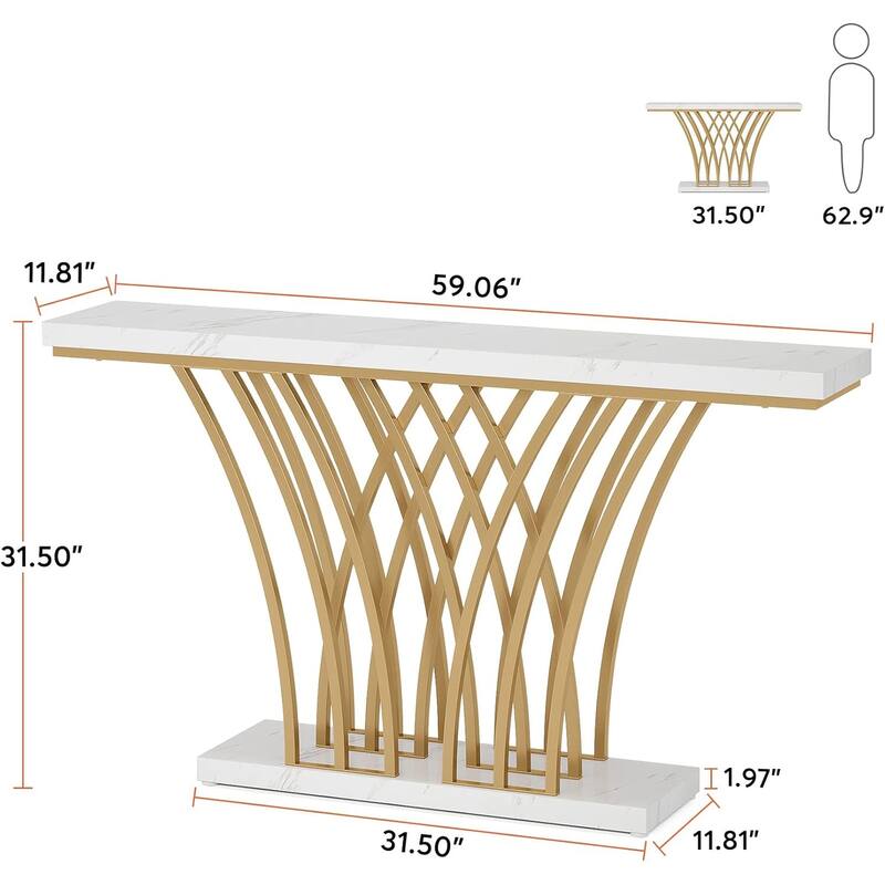 White-Gold Metal and MDF Console Table with Faux Marble Top and Shelf - 59.06” L x 11.81 W x 31.50 H