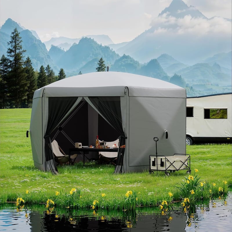 13FT Collapsible Gazebo Tent with 6 Removable Wind Panels for Outdoor Events, Camping, Patio, Backyard - N/A - Grey