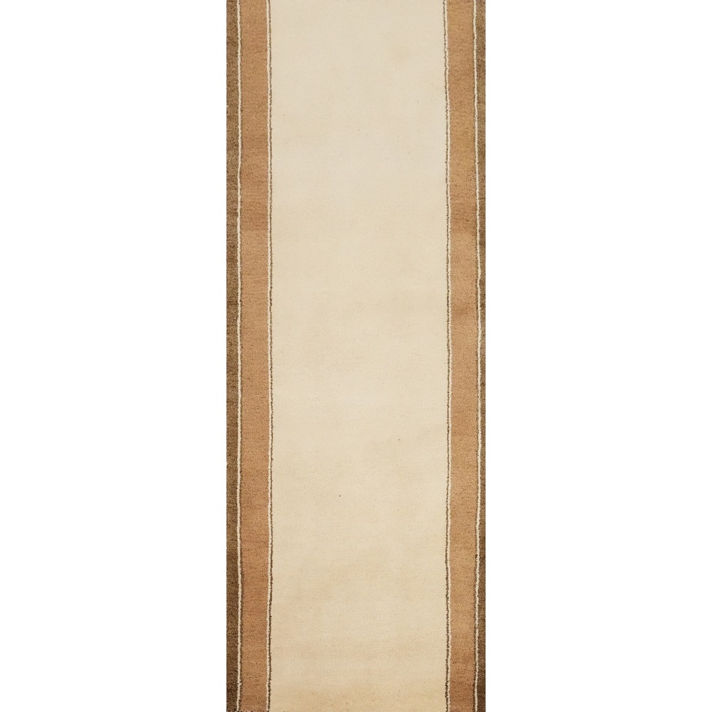 Hand Knotted Oriental 100% Wool Carpet Modern Bordered Beige & Ivories Gabbeh Runner Rug - 8' 4'' X 2' 8''