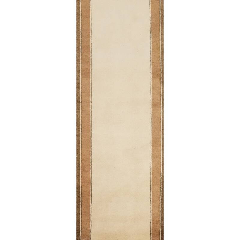 Hand Knotted Oriental 100% Wool Carpet Modern Bordered Beige & Ivories Gabbeh Runner Rug - 8' 4'' X 2' 8''