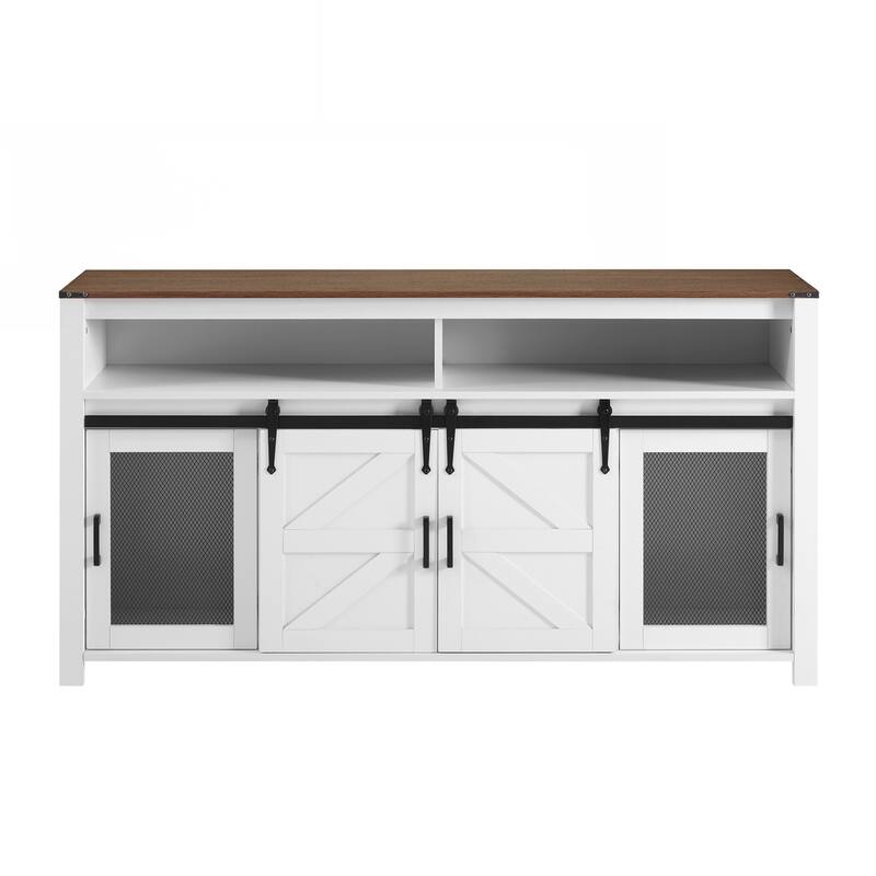 Sideboard with Sliding Barn Door and Mesh Panels,Farmhouse Buffet with Open Storage