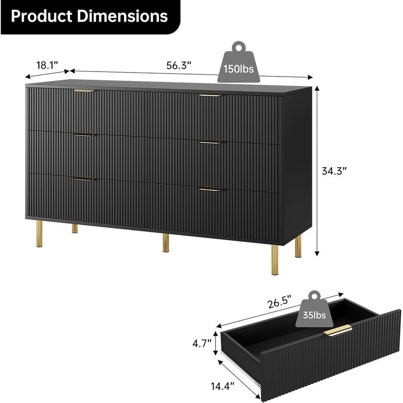 6 Drawer Dresser for Bedroom with Gold Handles, Modern Wooden Chest of Drawers