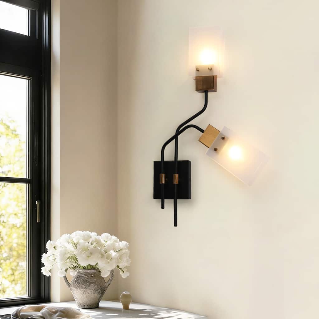 Modern Black Gold 2-Light Wall Sconce with Frosted Glass Shades