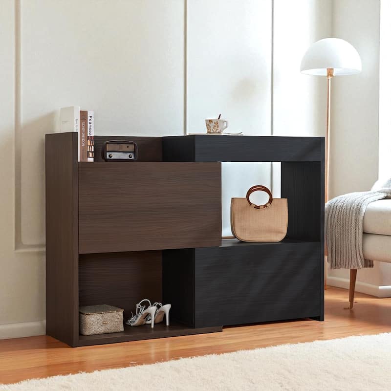 Extendable Corner Storage Cabinet with Adjustable Shelves & Drawer, 40"H Rotating Sideboard for Entryway Dining Room Office. - Black Dark Walnut