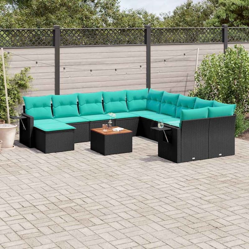 vidaXL 12 Piece Patio Sofa Set with Cushions Black Poly Rattan - 24.4" x 24.4" x 27.2" - Black and blue