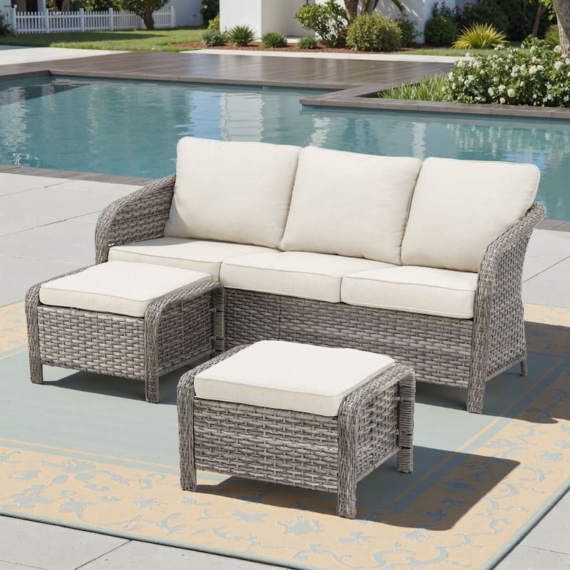 Pocassy Outdoor Patio Wicker Sofa Chair Furniture Set - Light Grey Wicker Beige Cushion - 3 Pieces Sofa with Ottoman
