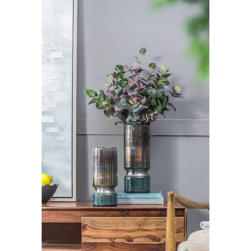 D5.1x13.2" Smokey Blue Glass Vase with Chrome Accent Modern Home Decor