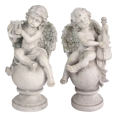Set of 2 Cherub Angels with Violin and Harp on Finials Outdoor Garden Statues 15.25"