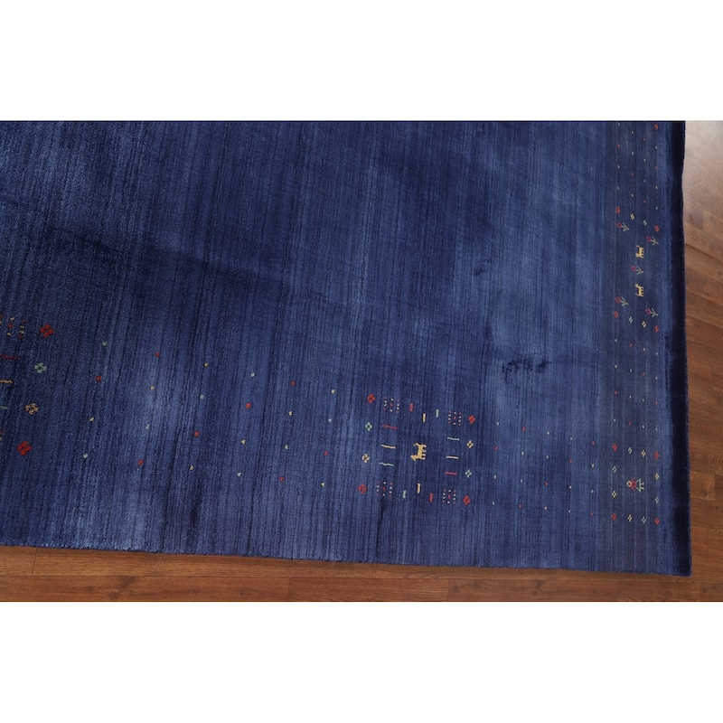 Blue Tribal / Striped Gabbeh Indian Area Rug Handmade Silk Carpet - 8'1" x 9'7"