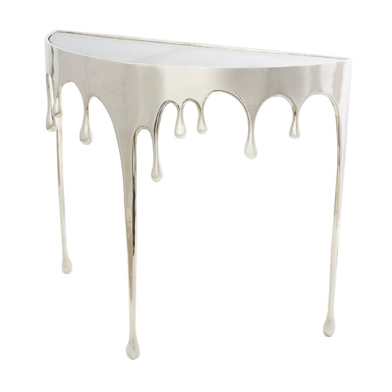 Aluminum Metal Abstract Drip Accent Table with Melting Design and Shaded Glass Top - Roche River Decor - Console Table - Silver.