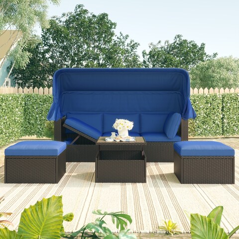 Outdoor Patio Rectangle Daybed with Retractable Canopy Wicker Furniture