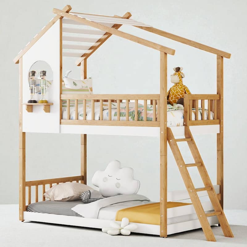 Twin Over Twin Wooden Bunk Bed with Roof and Window, Playhouse Design, Ladder and Guardrails, Natural Finish