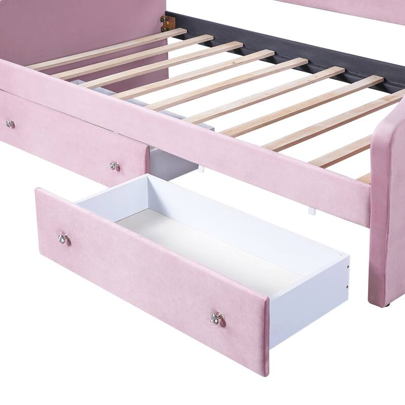 Upholstered Daybed with 2 Drawers, Wave Backrest Frame with Ambient Lighting, No Box Spring Needed Storage Sofa Bed