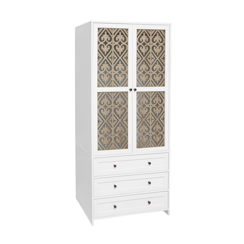 Two Door Wardrobe with 3 Drawers, Hollow Pattern Design in Wood & White Finish