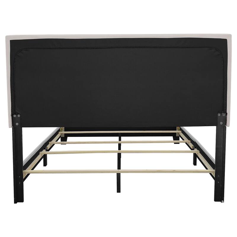 Upholstered King Bed - French Style Bed with Nailhead Accents - Ivory Fabric Bedroom Furniture