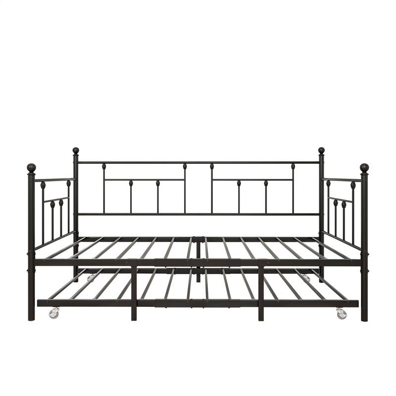 Twin Size Daybed Pull-out Trundle Bed, Metal Daybed Frame with Steel Slatted Support for Bedroom, Guest Room