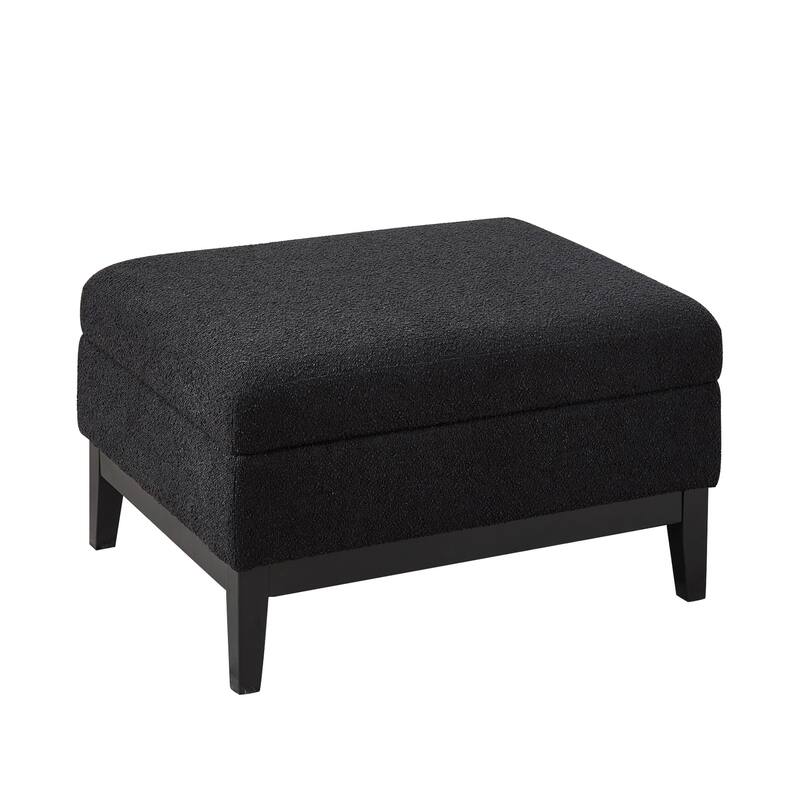 35" Farmhouse Style Boucle Single Sofa Accent Chair with Storage Footstool, Natural Wood Legs for Living Room, Office - Black + Black（Includ Ottoman）