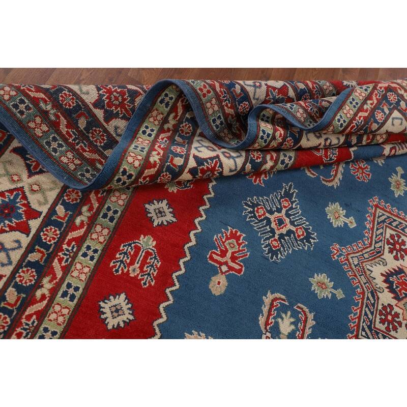 Blue Geometric Kazak Large Area Rug Hand-Knotted Wool Carpet - 9'9" x 13'2"