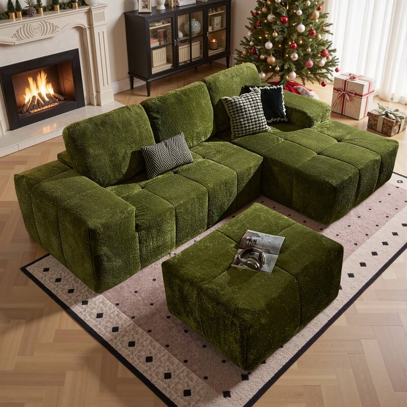 HOOOWOOO Modern Sparkly Velvet Fabric Chaise Sofa Couch with Ottoman - Green-Right Chaise