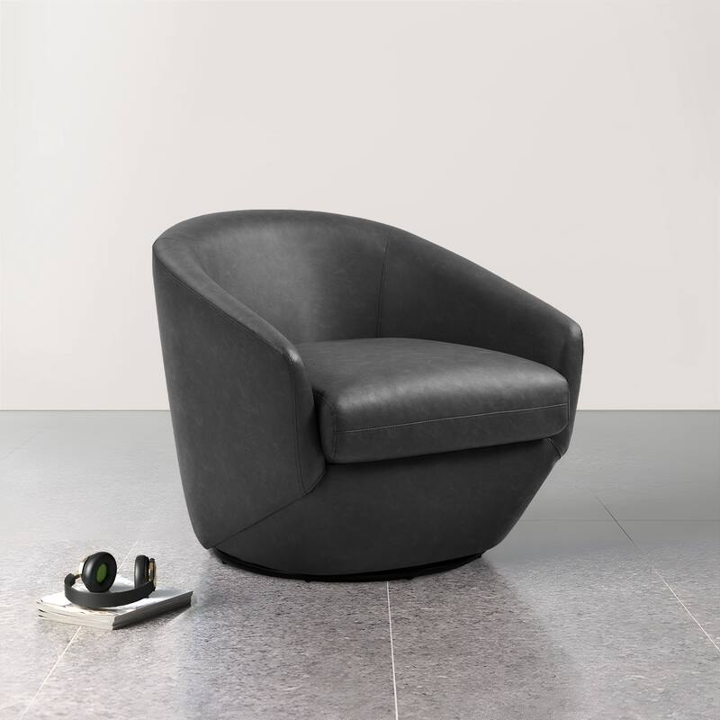 Faux Leather Velvet Upholstered Swivel Barrel Chair - FAUX LEATHER - PU-BLACK