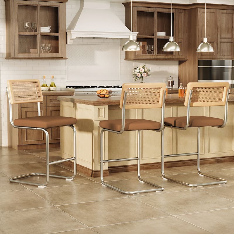 Set of 3 Counter Height Bar Stools with Woven Rattan Back and Footrest for Kitchen Island - 26" H - Brown/PU