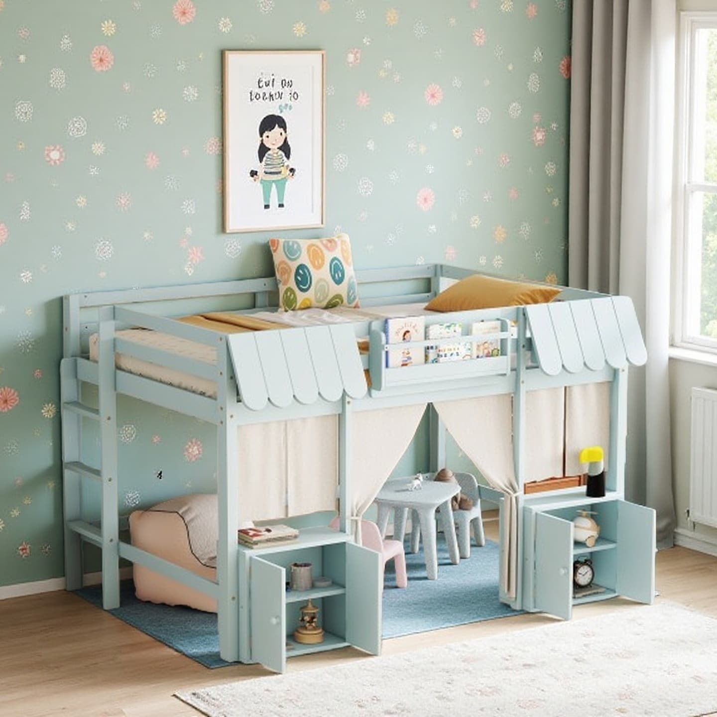 Twin Loft Bed with Cottage-Style Roof, Safety Rails, Built-in Bookshelf, Curtain, and Play Storage