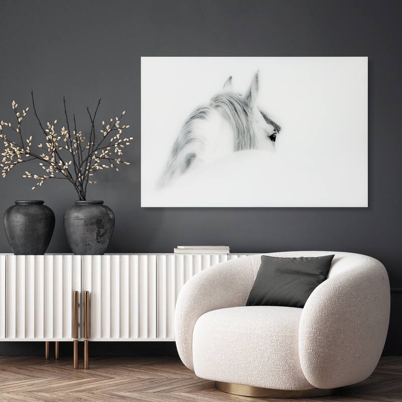 "Blanco Mare Horse" Frameless Free Floating Tempered Glass Panel Graphic Wall Art