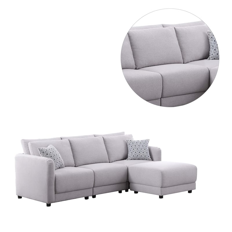Linen Upholstered Sofa with Ottoman in Light Gray