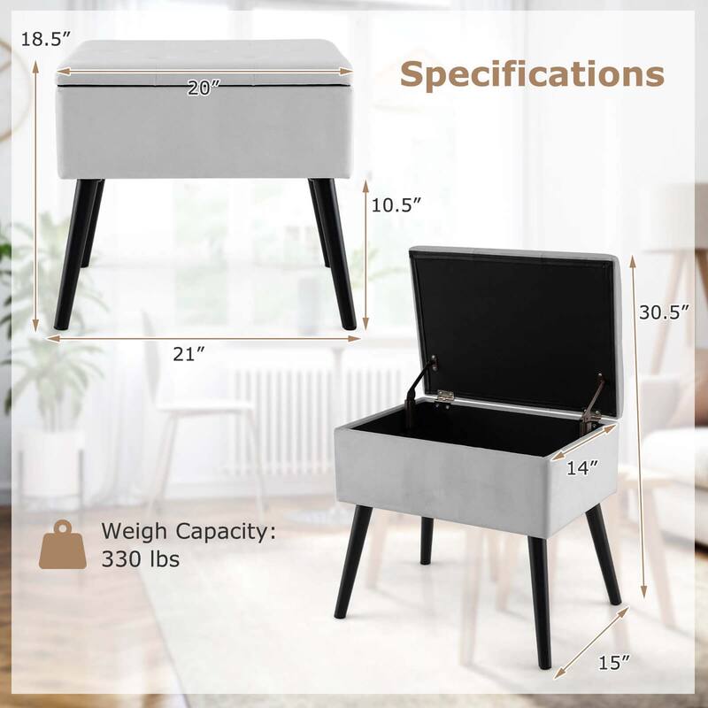 Costway 2 PCS Velvet Vanity Stools with Storage Solid Wood Legs - See Details