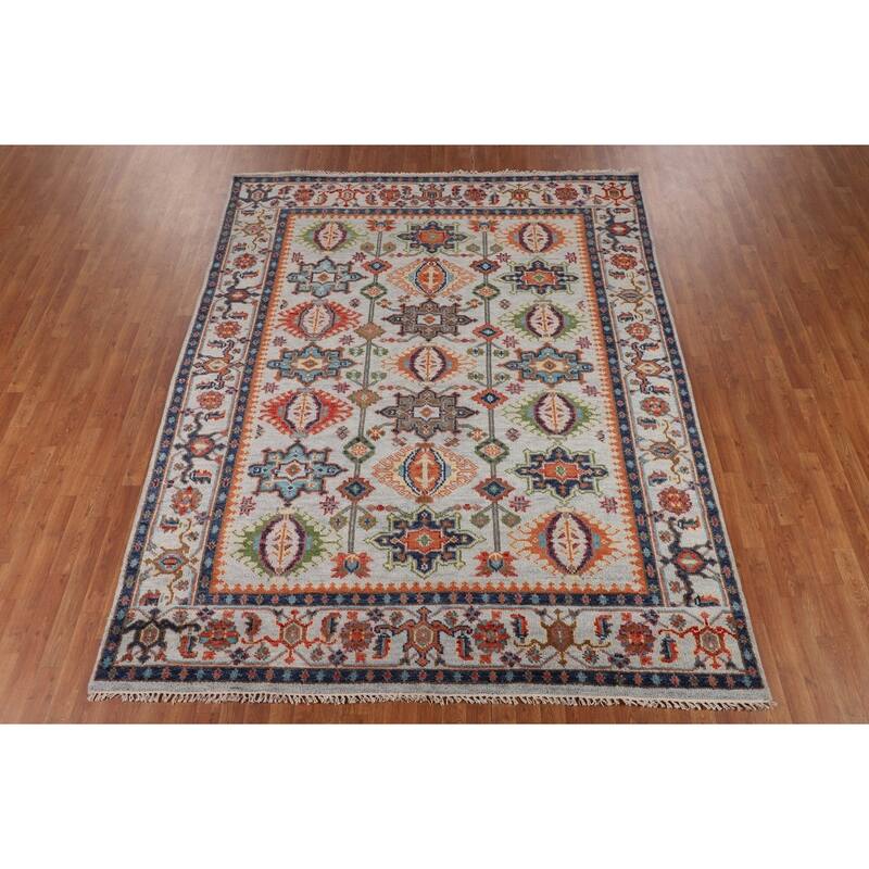 All-Over Geometric Oushak Indian Area Rug Hand-Knotted Wool Carpet - 7'9"x 9'10"