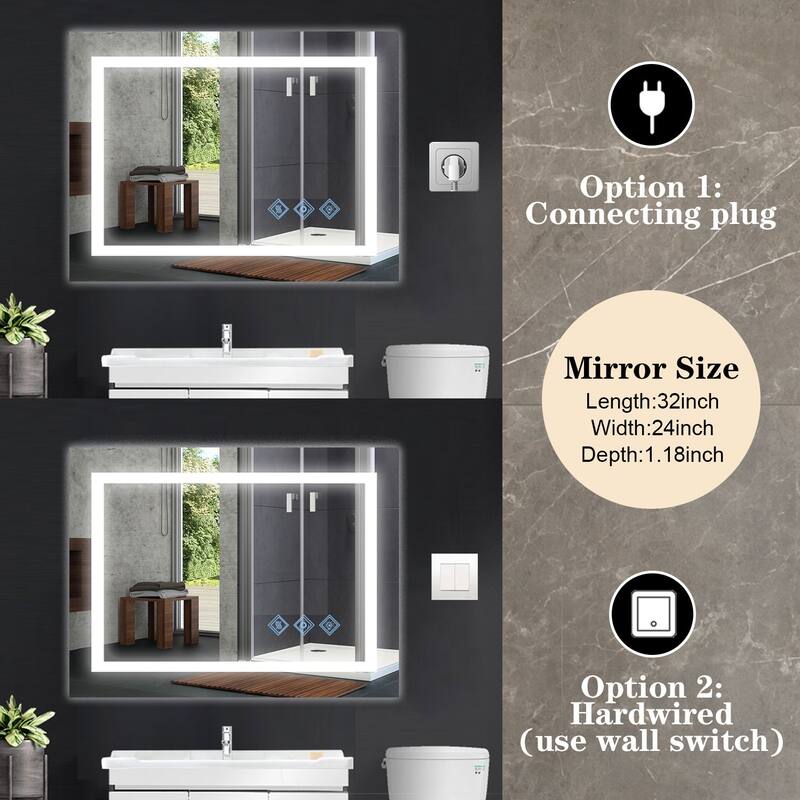 Frameless Dimmable Lighting 3000-6000K LED Anti-Fog Wall Mounted Bathroom Mirror